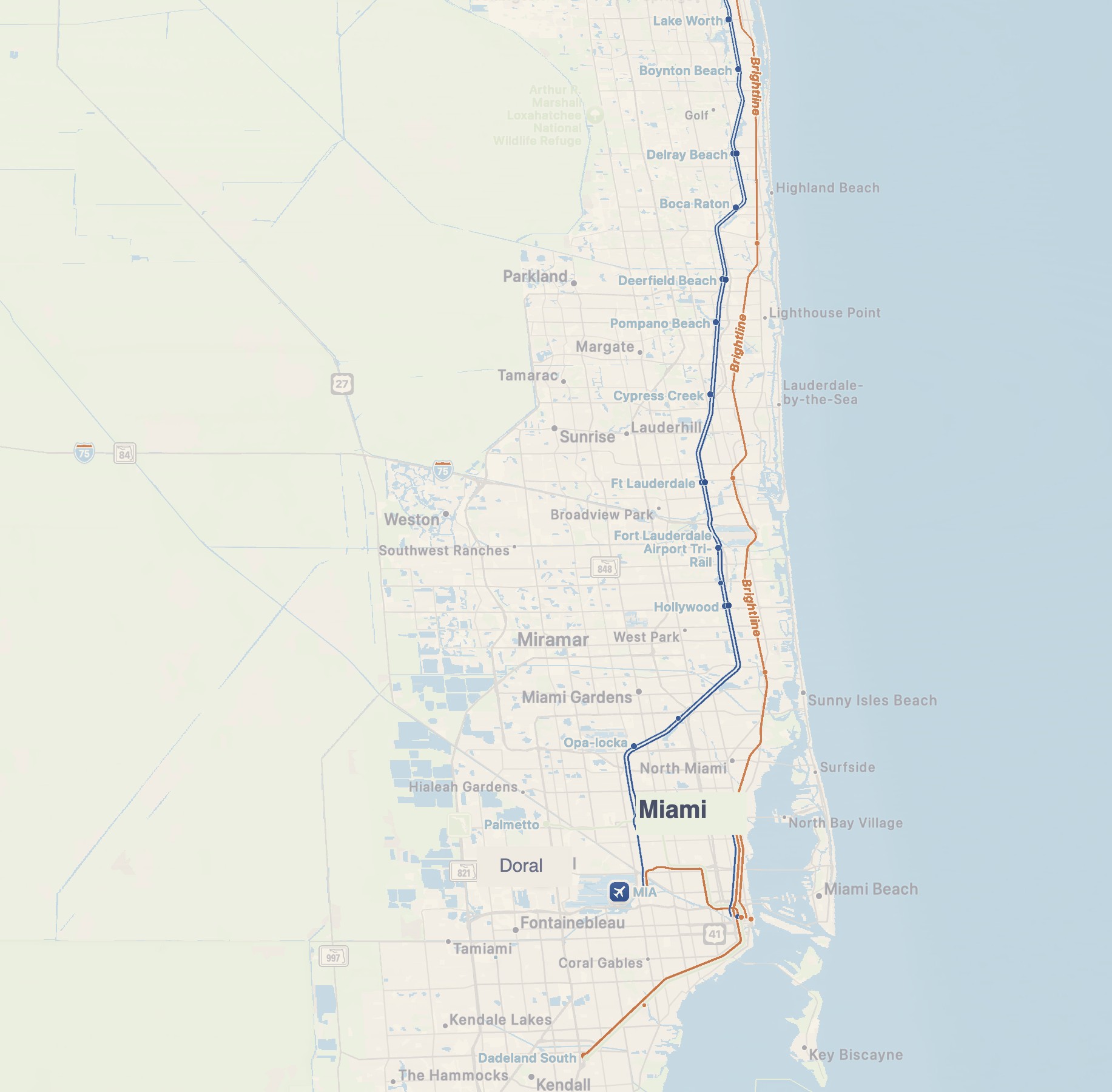 Map of South Florida from Palm Beach to Kendall
